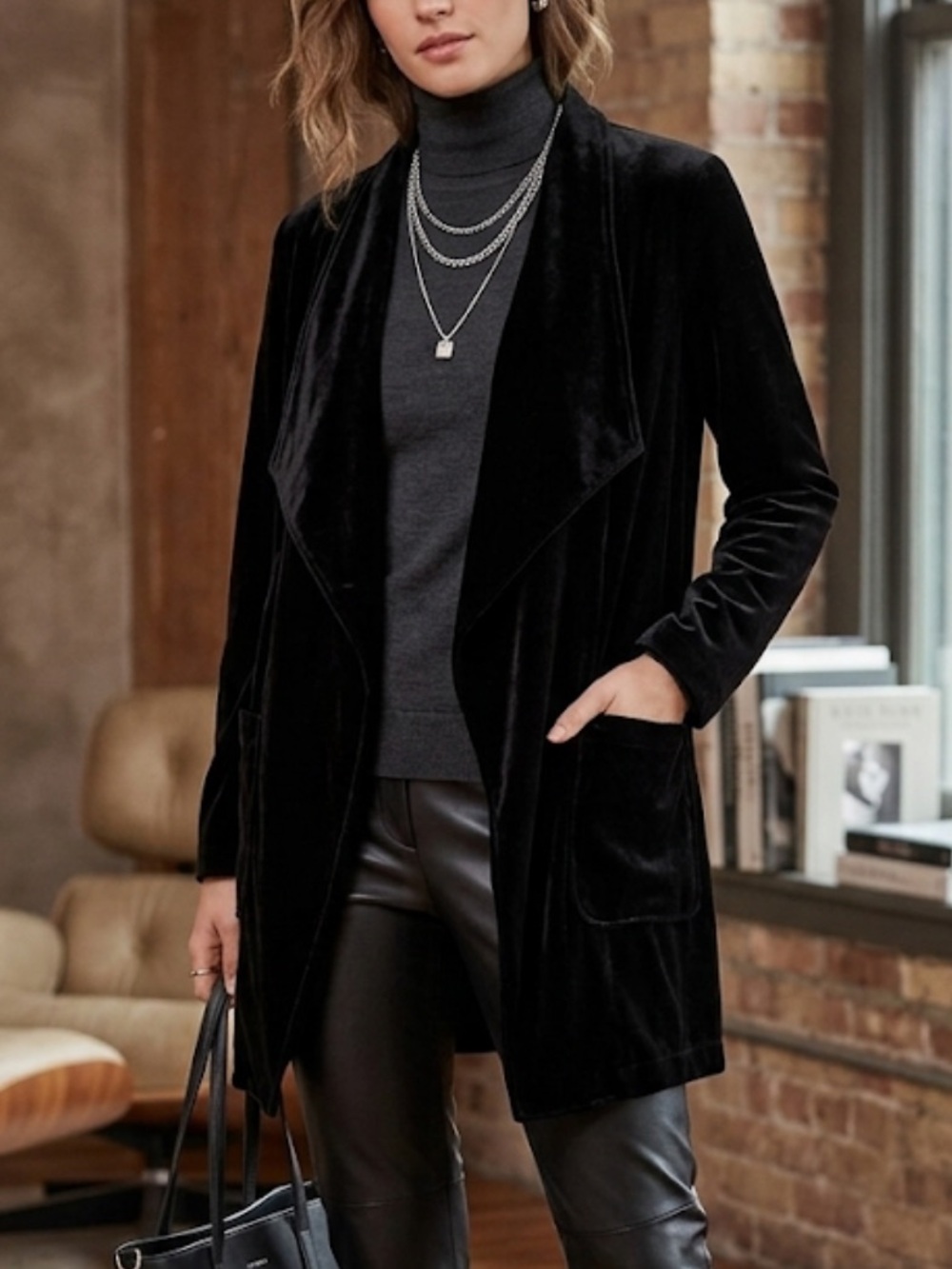 Y2K Whimsigoth Velvet Cardigan black Pockets Open Jacket Long Sleeve witchy S